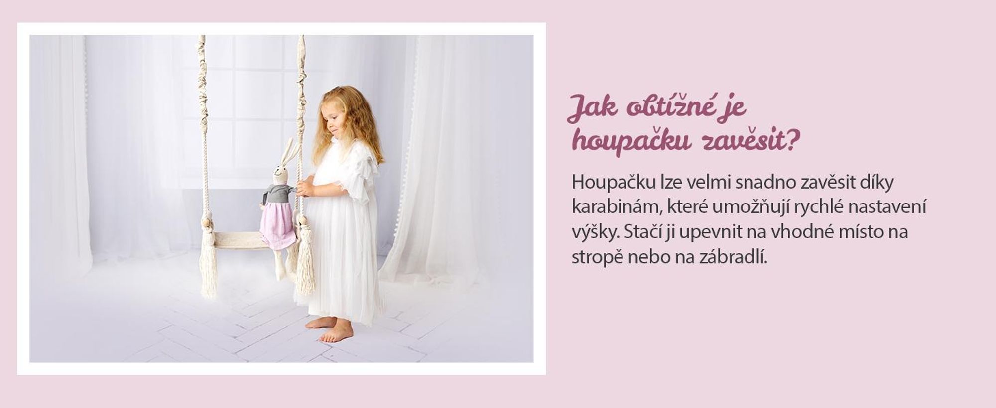Create For You® - Dřevěná Houpačka Pro Děti S Bavlněným Lanem, Dětská Houpačka, Vnitřní Sedadlo S Měkkým Materiálem, Výškově Nastavitelná, Růžová