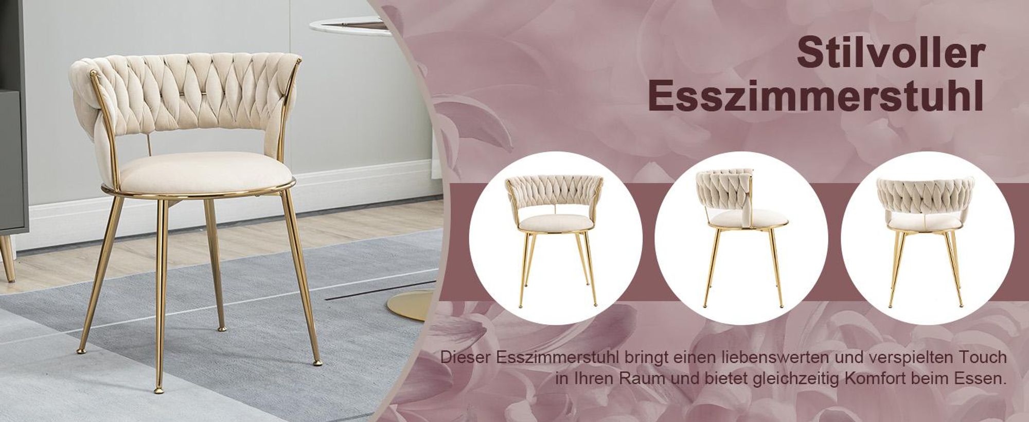 LVHOM Esszimmerstuhl Samt-Stühle 2er-Set mit Rückenlehne, Polsterstuhl Küchenstuhl mit goldenen Metallbeine, Ivory