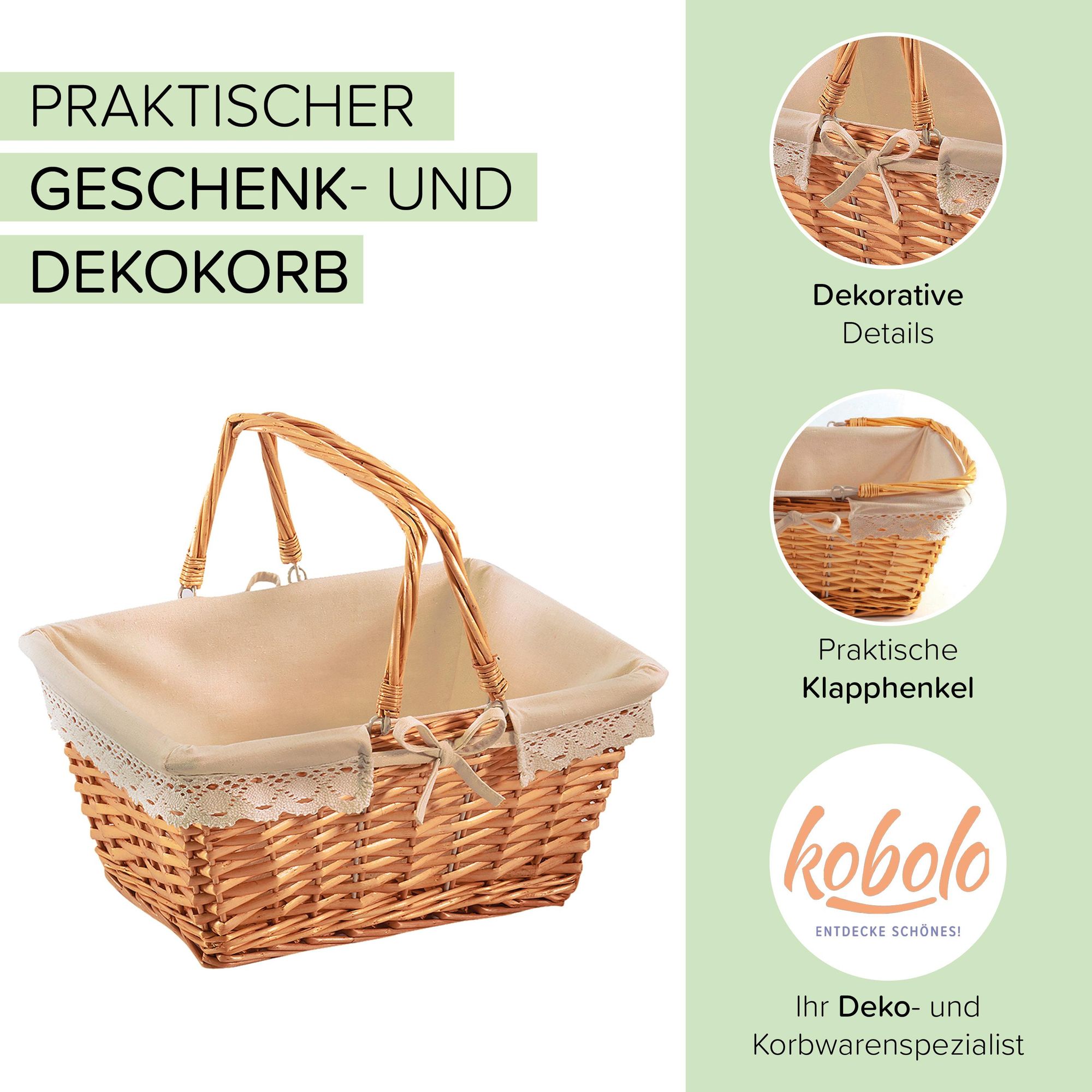Kobolo Weidenkorb mit Klapphenkeln 40L x 30B x 19/34H cm eckig Textilfutter mit Häkelborte Tragekorb Box Klappbügelkorb Picknickkorb Autokorb Pilzkorb