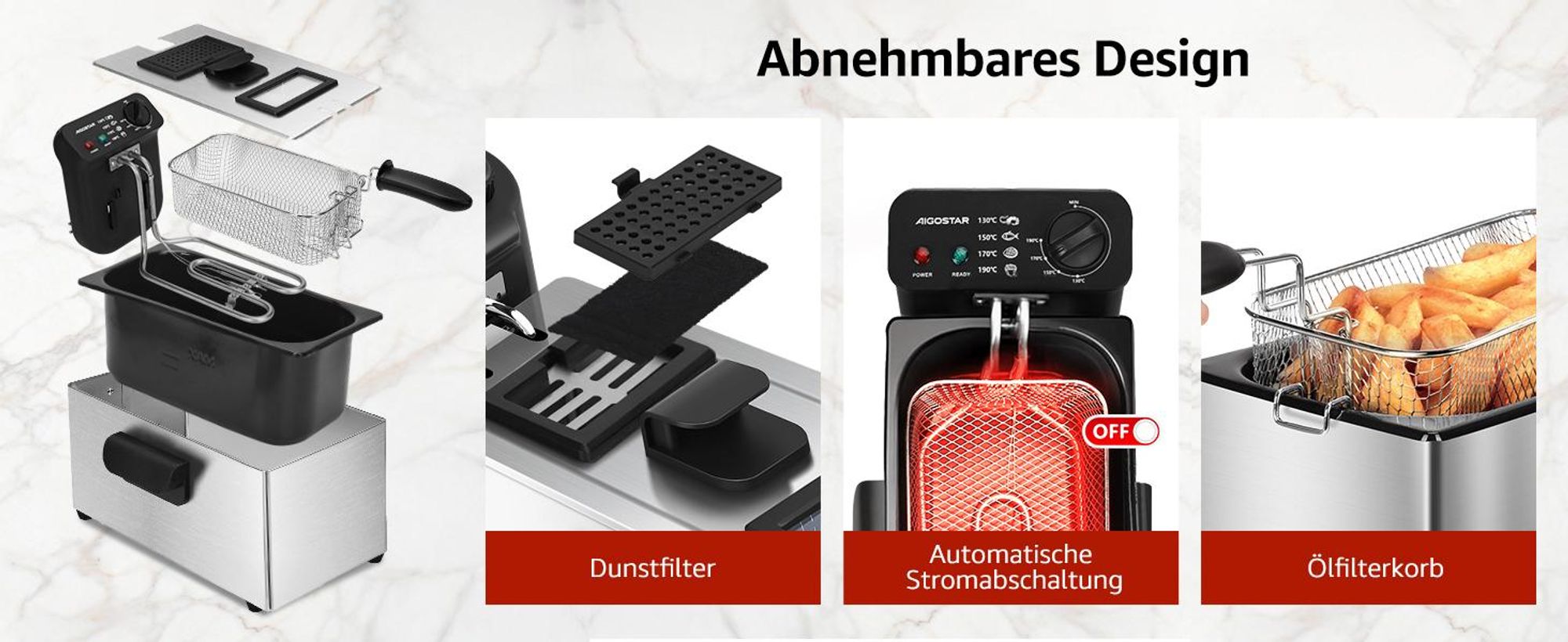 Aigostar - Semi-professionelle Fritteuse, Edelstahl, 2200W, 3L, Transparenter Deckel, Herausnehmbare Innenpfanne, Einstellbarer Thermostat