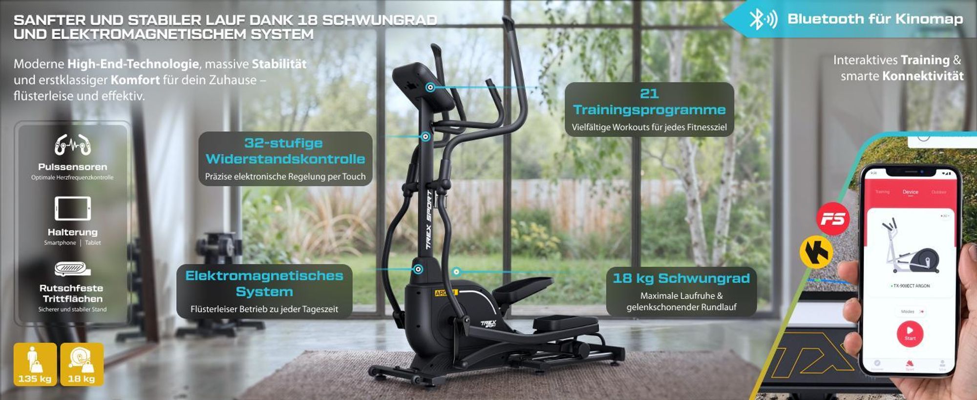 TREX SPORT Crosstrainer für zuhause TX-900ECT ARGON | Ellipsentrainer, 32-stufiger Widerstand, Pulssensoren, Bluetooth | Trainingsprogramme, bis 135kg
