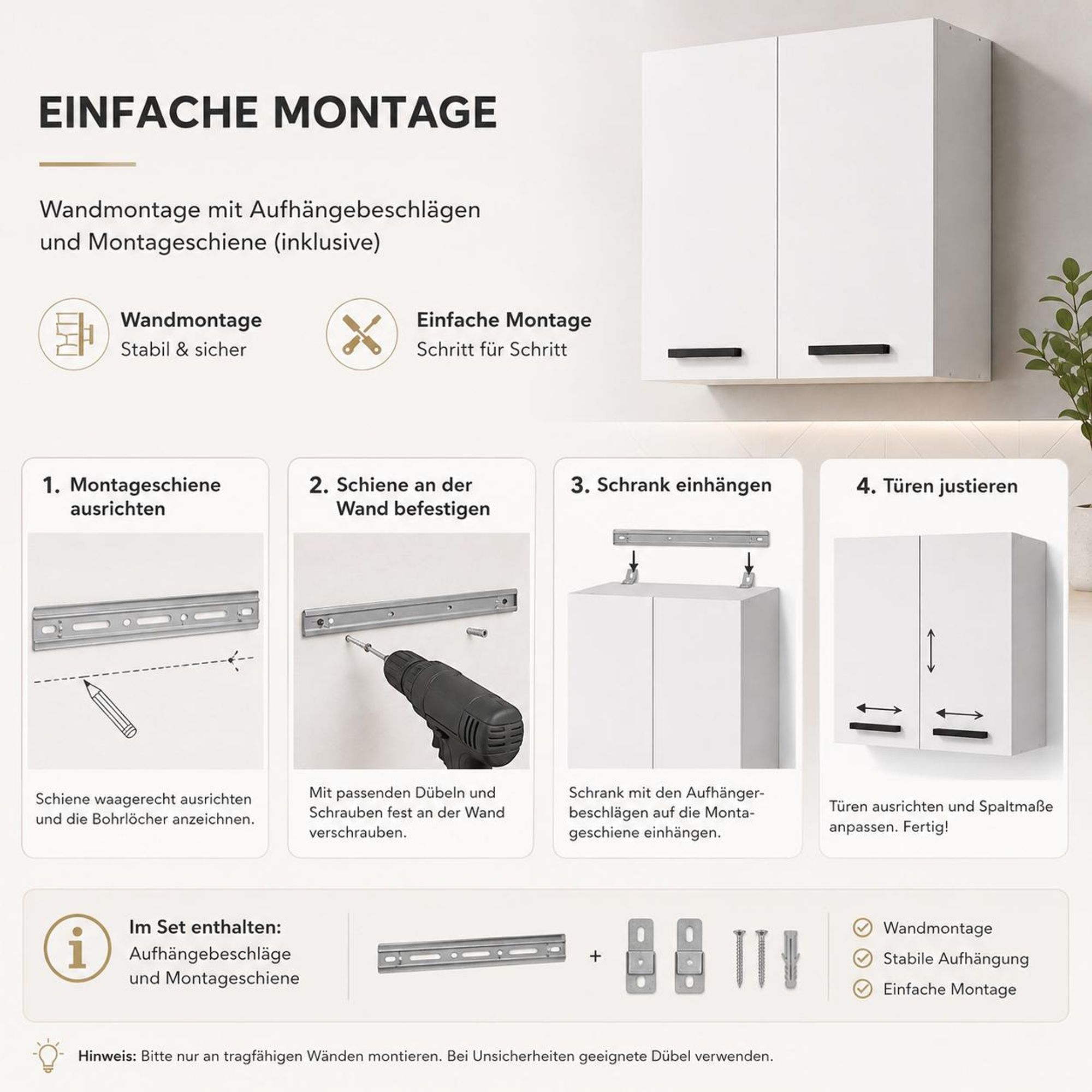 Anleitung Wandmontage Hängeschrank 60 cm Weiß Matt mit Montageschiene.