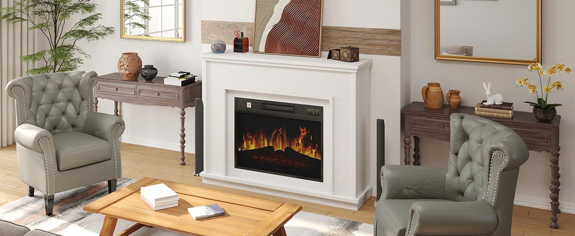 Elektrokamin 23 inch Modern Stil, Realistischer 3D Flammeneffekt, Erwärmungs Elektrischer Kamin mit Timer und 24-Farb-LED und Fernbedienung