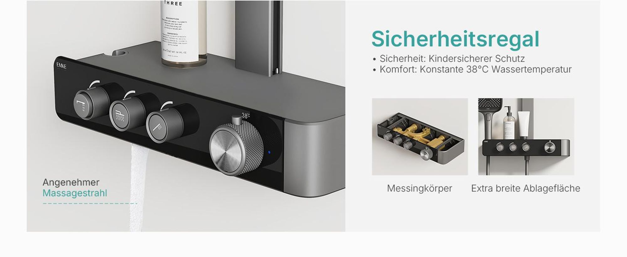EMKE Duschsystem mit Thermostat Duschsäule Matt Anthrazit mit 360×240mm Regendusche eckig, Badewannenauslauf, Wassermengenregler & Glasablage F27