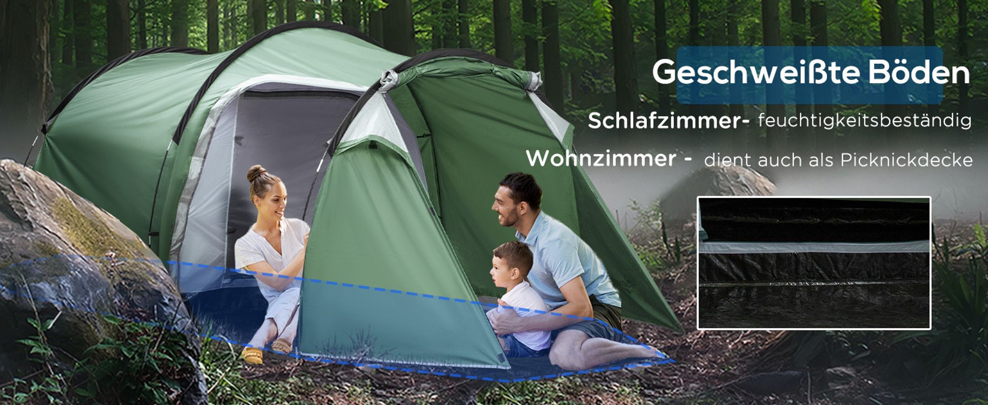 Outsunny Zelt für 2 Personen 190T Tunnelzelt Campingzelt Glasfaser Dunkelgrün