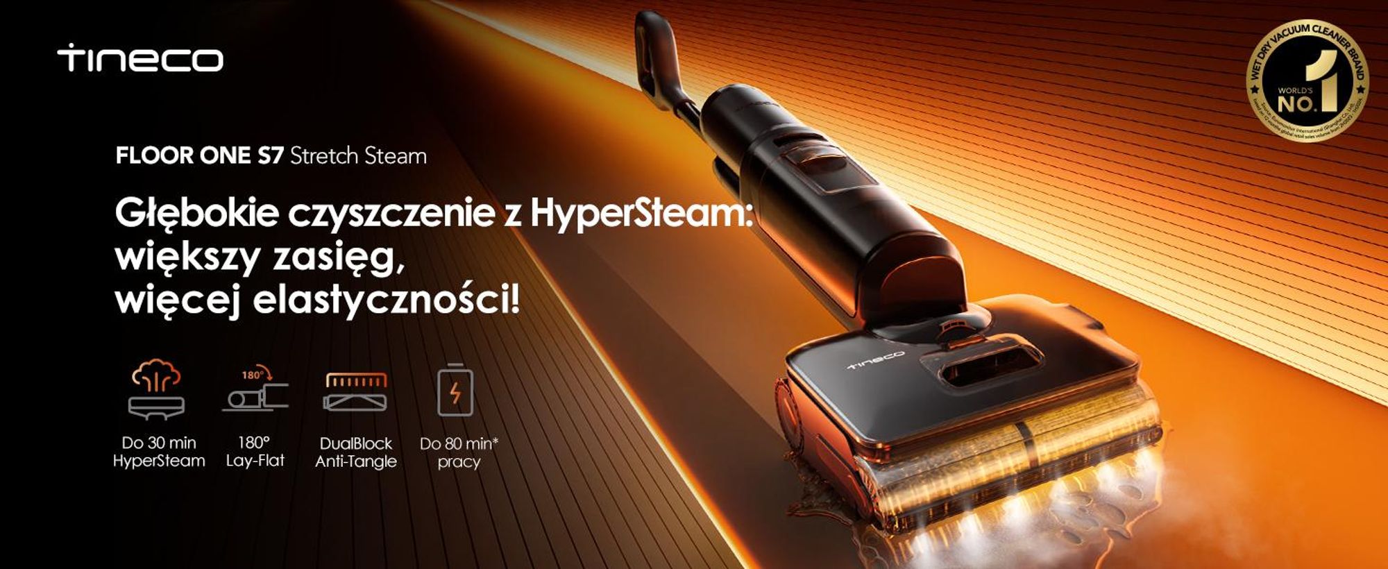 Tineco FLOOR ONE S7 Stretch Steam Bezprzewodowy Odkurzacze na sucho i mokro, 160℃ HyperSteam, Przeciwdziałający Splątaniu, FlashDry, Do 80 min pracy