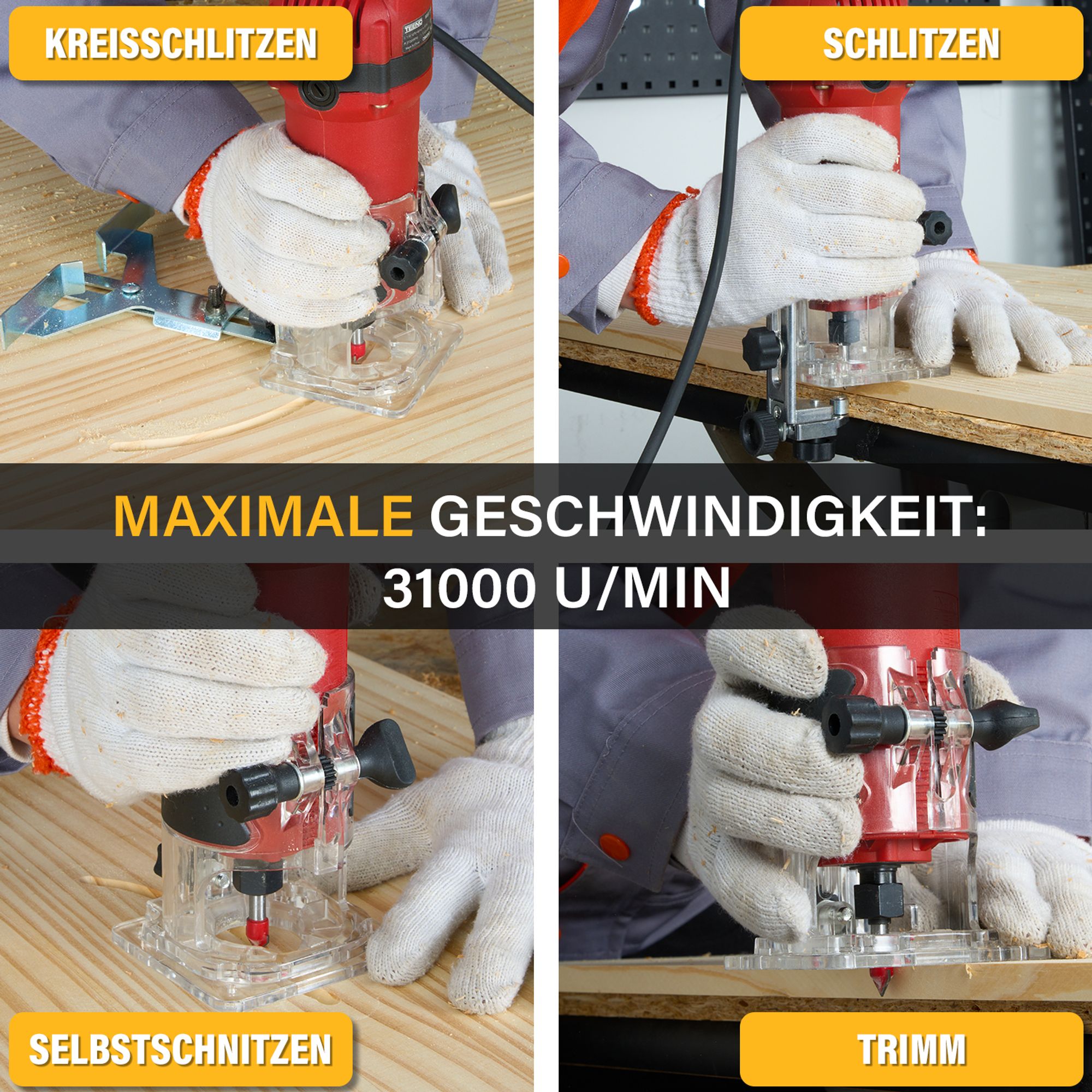 TEENO Holzfräse Oberfräse 800W 31000 U/min, elektrik Kantenfräse mit 15 Stück 1/4 Fräsen Cuter mit Spannzange 6/6,35 MM