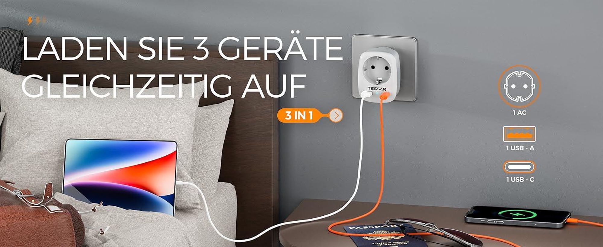 TESSAN 2er Pack USA Adapter Steckdose 3 in 1 Reiseadapter mit USB C und USB A 1250W für Kanada Stromadapter Thailand Philippinen