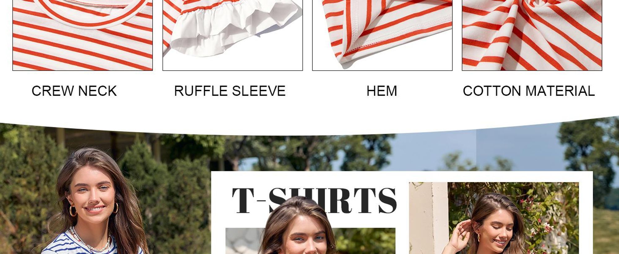 Gestreiftes Damen-T-Shirt, Rüschenärmel, Rundhalsausschnitt, kurze Ärmel