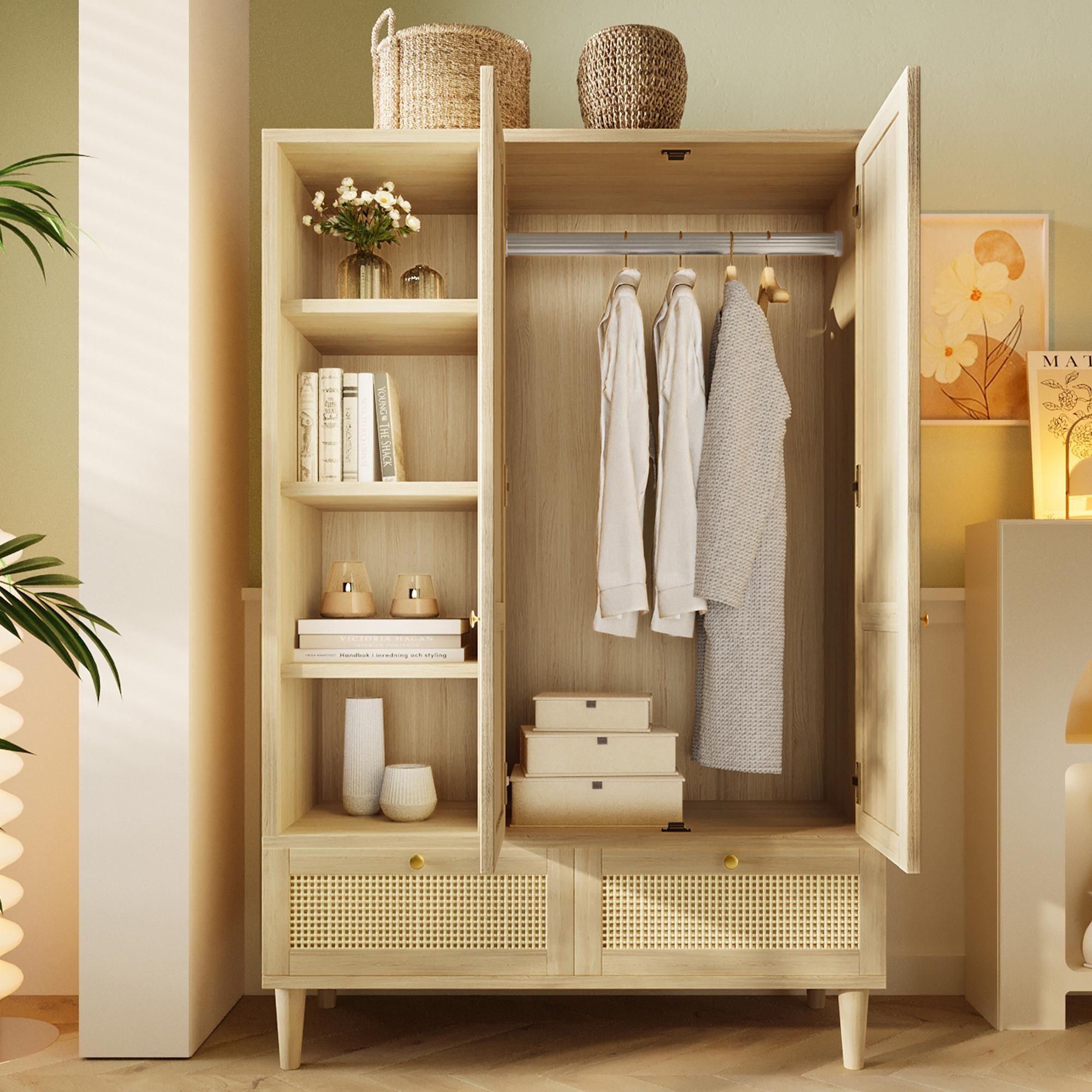 Merax Kleiderschrank mit 2 Türen und 2 Schubladen, Schlafzimmerschrank Kleiderstange mit Rattan-Flechten und offene Ablage, Garderobenschrank, Eiche