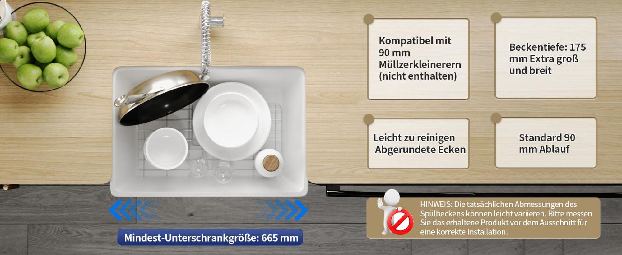 DeerValley Küchenspüle Keramik(60,5x40,8x20cm) – Farmhouse Küchenspüle Weiß, Einzelbecken Einbauspüle, Landhaus Spüle mit Edelstahl Gitter & Korbsieb