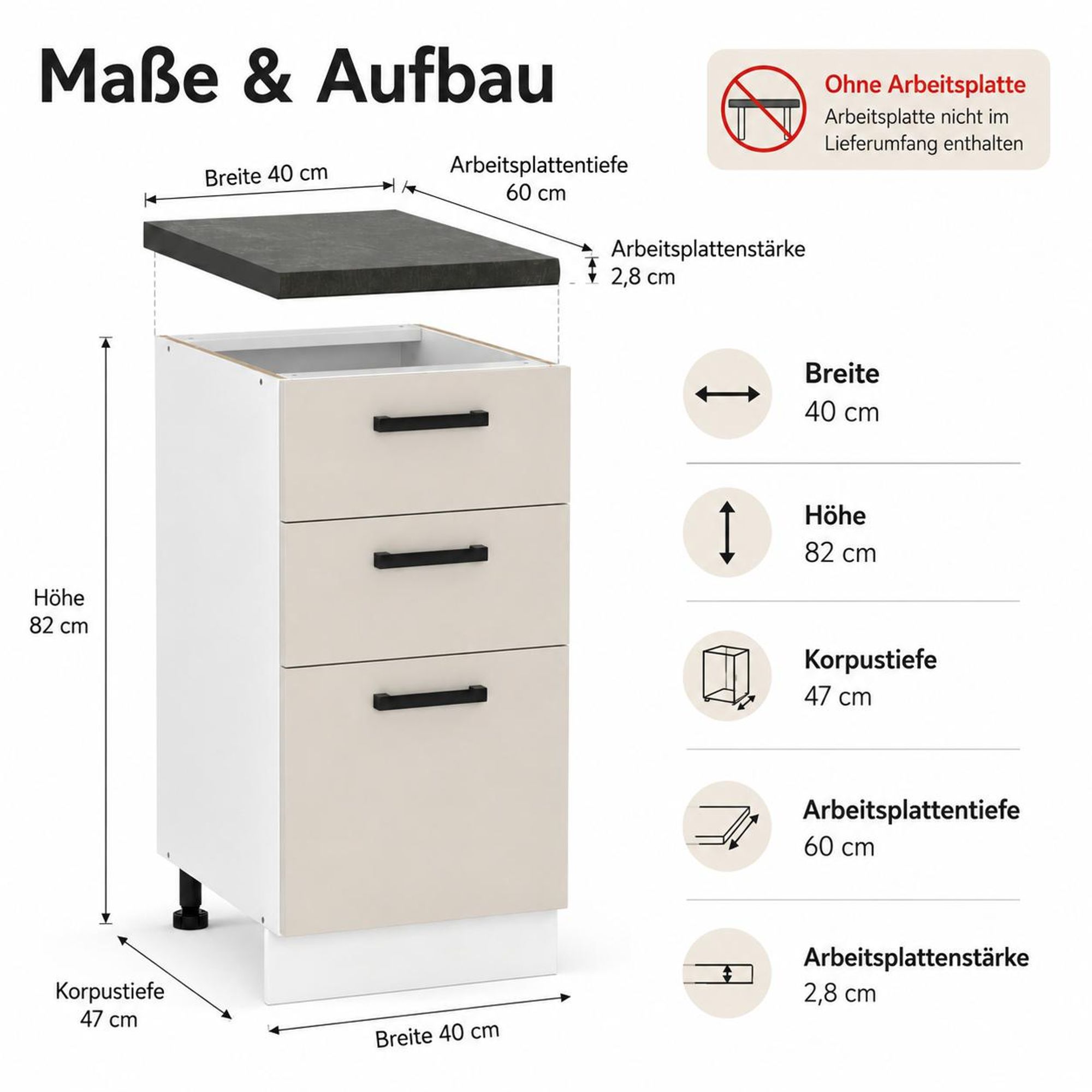 Küchenunterschrank 40 cm Kaschmir Beige: Maße 82 cm Höhe, 47 cm Tiefe & Verstellfüße.