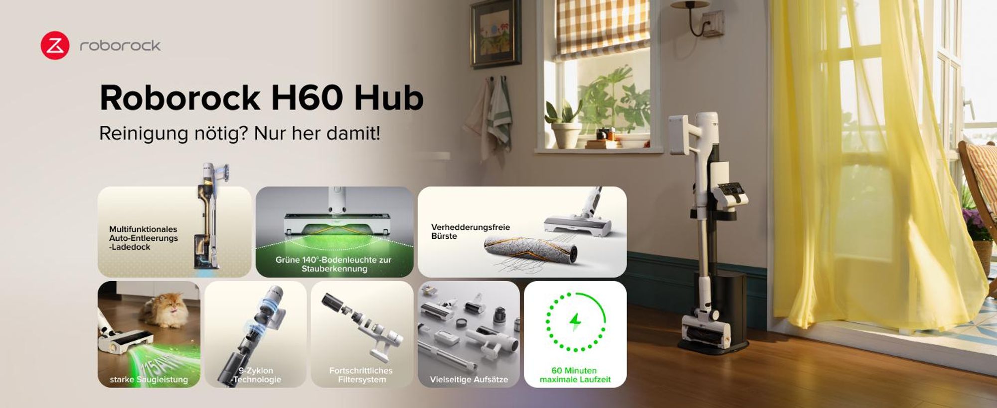 Roborock H60 Hub Akku Staubsauger mit Absaugstation, 27000Pa/300W/60 Min Akkusauger mit Absaugstation, Staubsauger kabelos mit Anti-Tangle Bürste