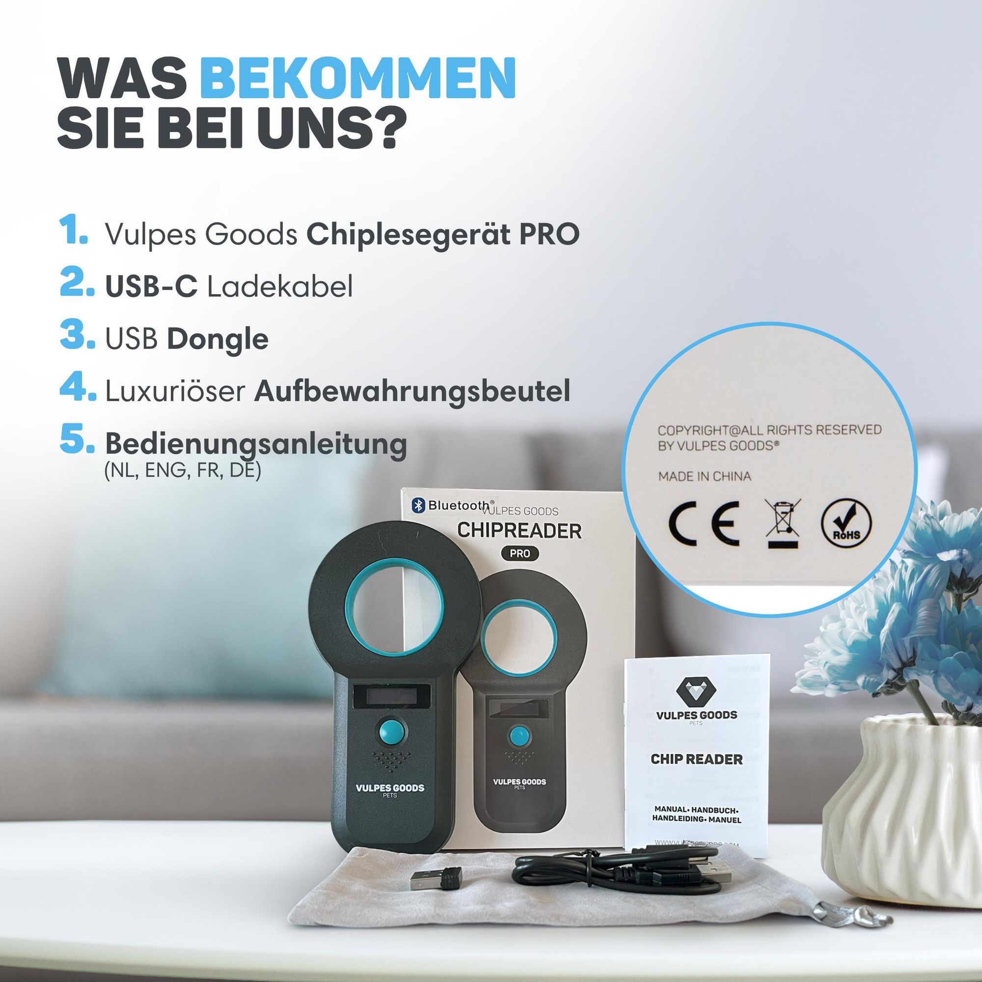 Vulpes Goods Haustier Mikrochip Scanner, Chiplesegerät für alle Tiere und Haustiere, Chiplesegerät, Inkl. Reisetasche, ISO11784/85/FDX-B, PRO-Version.