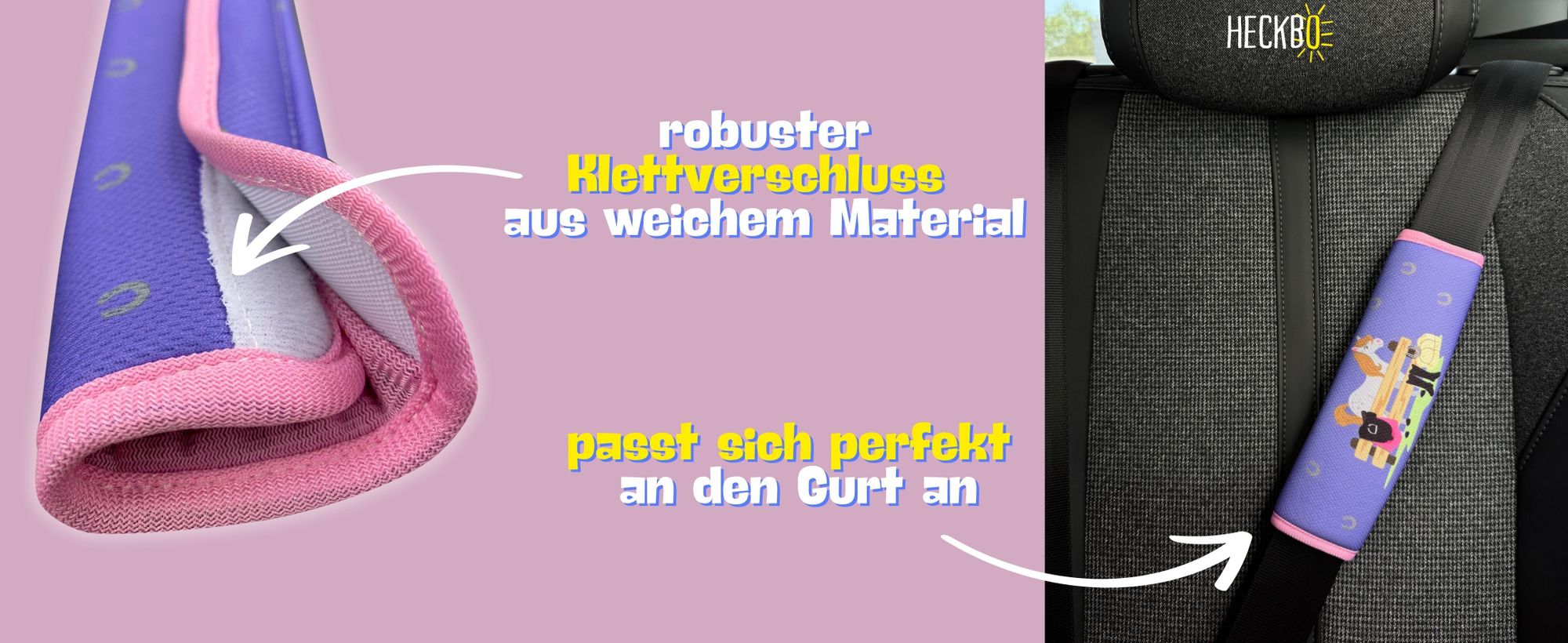 HECKBO® 2x Auto Gurtschutz mit niedlichen Pferd Pony Bauernhof Motiv - Sicherheitsgurt Schulterpolster Gurtschoner Autositze Gurtpolster für Kinder, Mädchen - Schutz vor Gurt Einschneiden