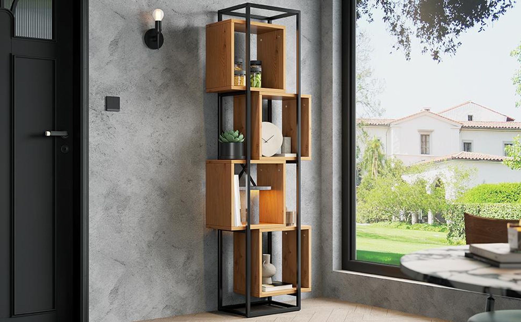 Merax Bücherregal 180 cm, Offenes Stehregal Mit Metallrahmen & 4 Fächer Dekoregal, Stapel-Design, Für Wohnzimmer Büro Küche, Schwarz+Braun