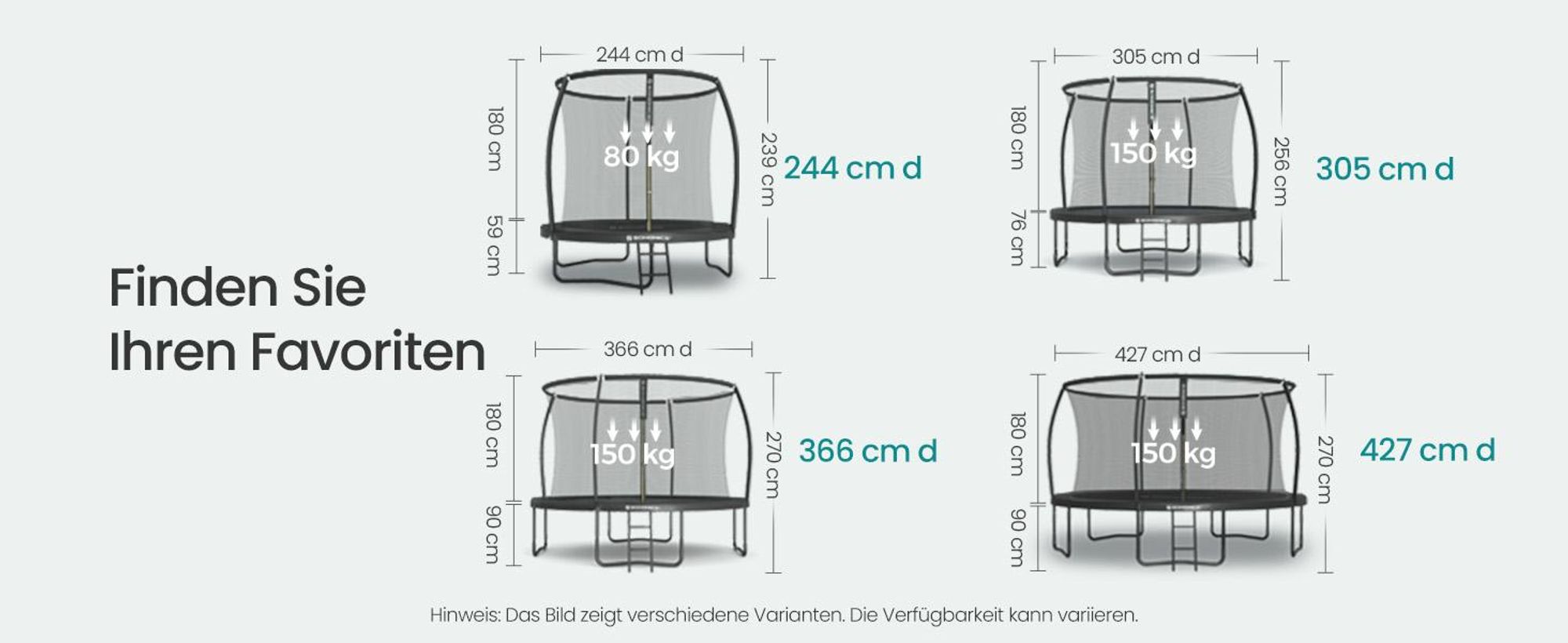 SONGMICS Trampolin 427 cm d, Gartentrampolin mit Sicherheitsnetz, 180 cm hohe Stangen, Randabdeckung, Leiter, schwarz