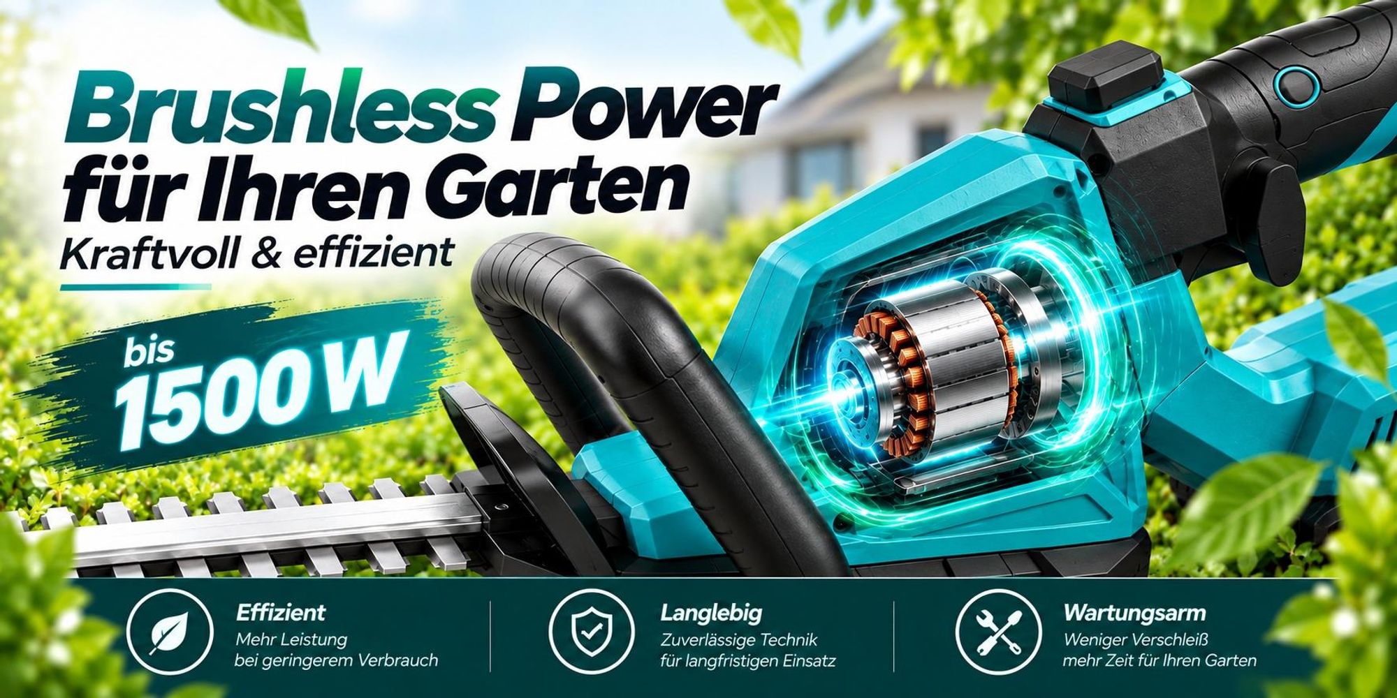 1500W Akku-Heckenschere 21V Brushless, 52 cm Messer, 2×4,0Ah Akkus, 360° Drehgriff, bis 26 mm Schnittstärke