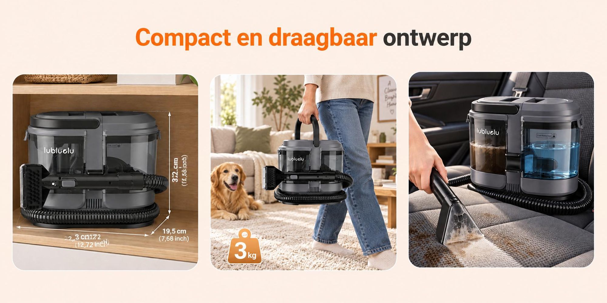 Lubluelu V1 Tapijt- en Bekledingsreiniger, 18.000 Pa, 450 W, Dubbele Watertank van 1,8 L + 0,9 L, Compact voor Banken, Autostoelen en Tapijten