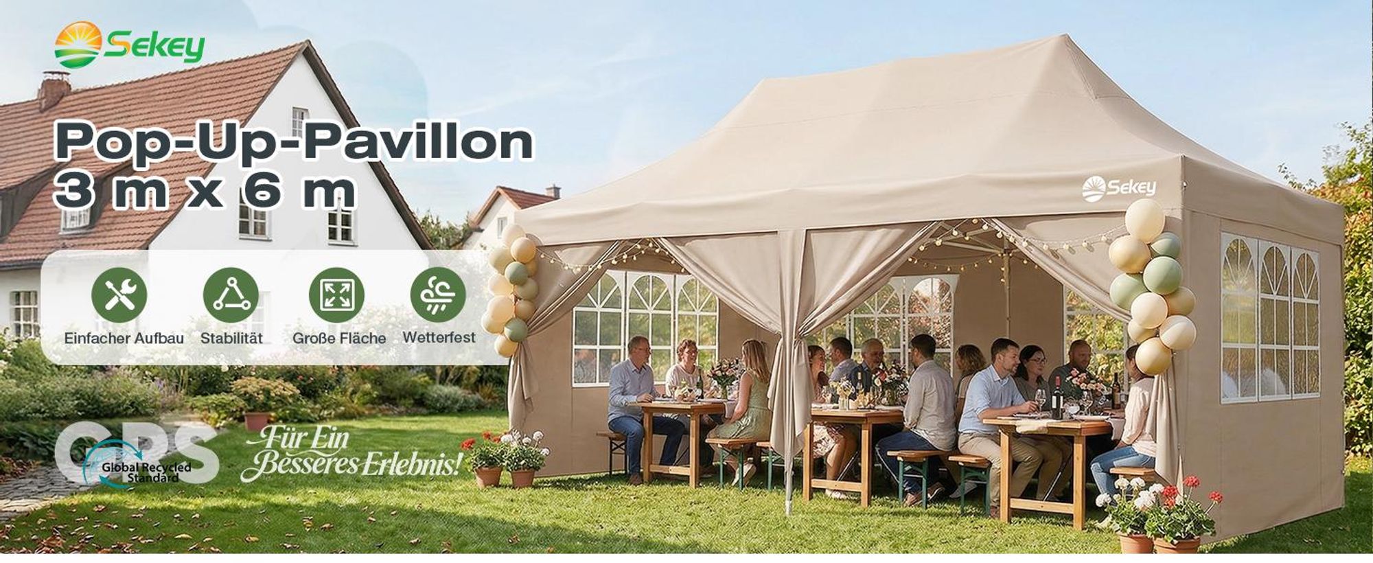 Sekey Faltpavillon 3x6 Wasserdicht mit 6 Seitenwänden, UV50+ Gartenpavillon Partyzelt, Taupe