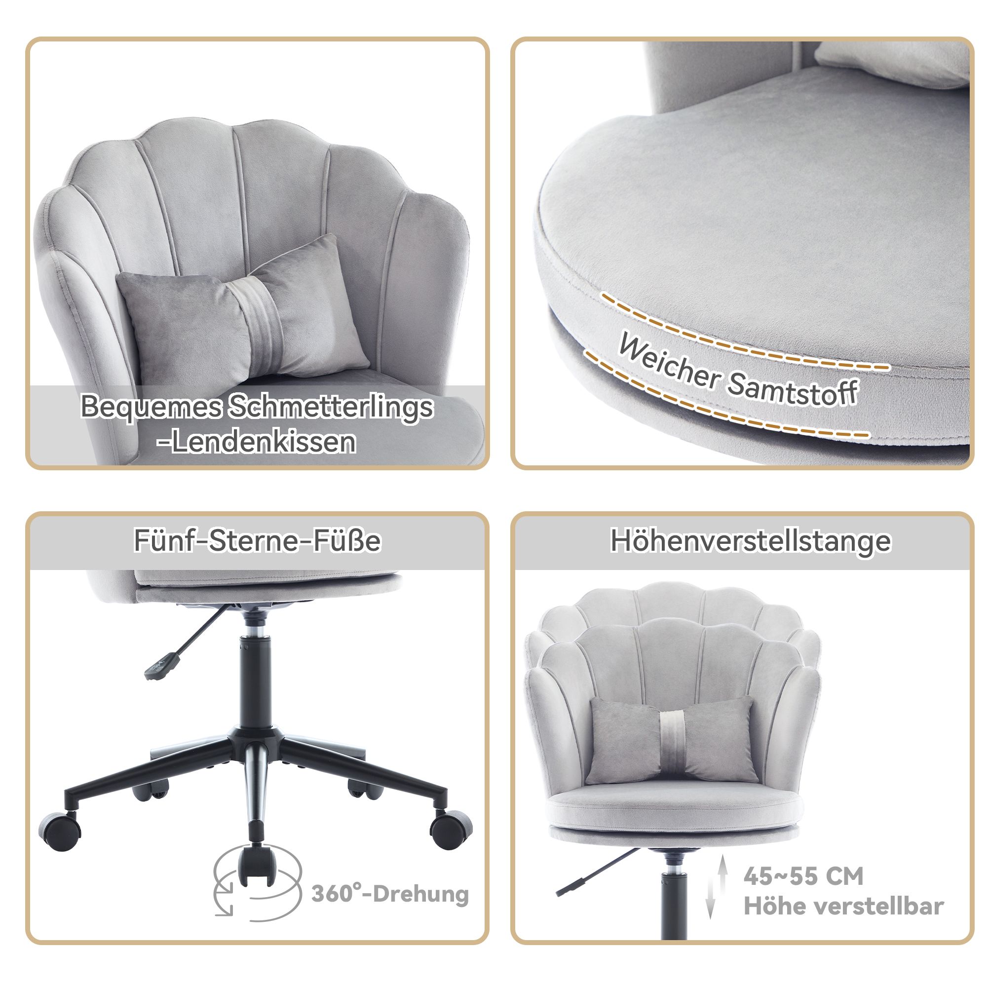 Flieks Bürostuhl ergonomisch, Stuhl drehbar Schminktisch, Schminkstuhl ohne Armlehne, Schreibtischstuh mit Blütenblatt-Rückenlehne, Grau