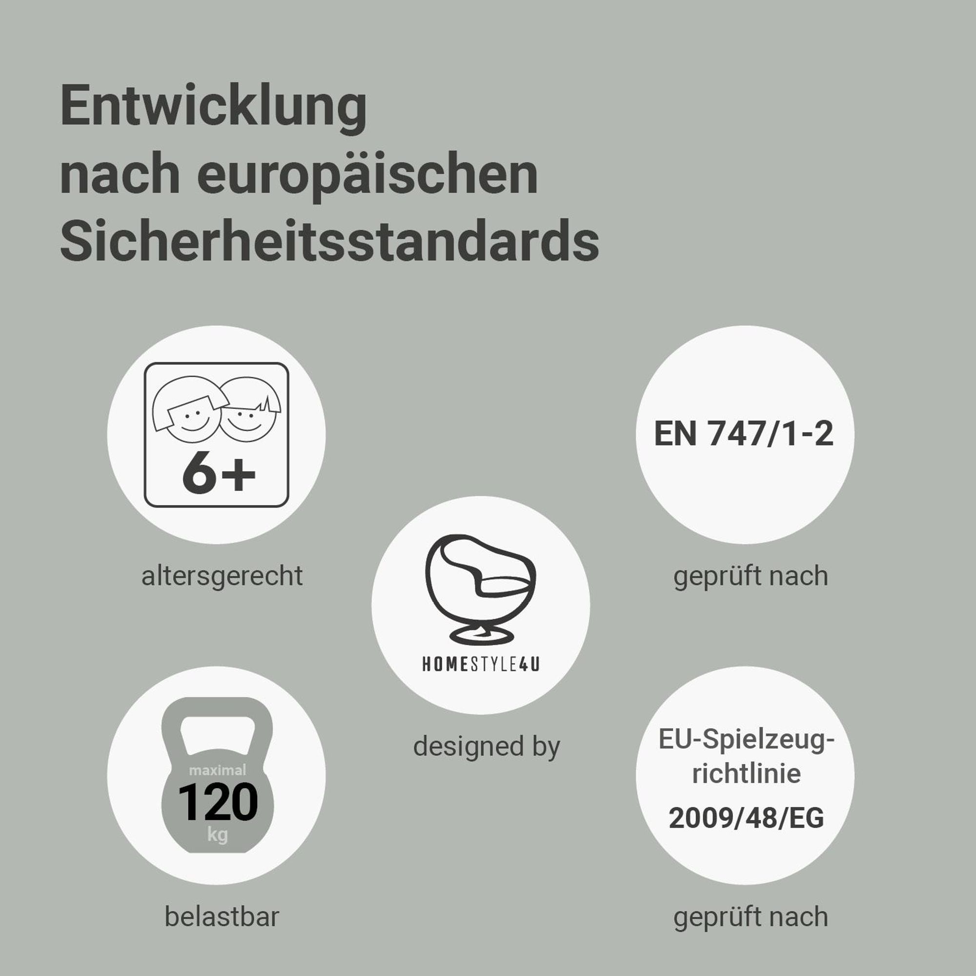 Das Kinderhochbett ist ab 6 Jahren geeignet und ist bis zu 120 kg belastbar.