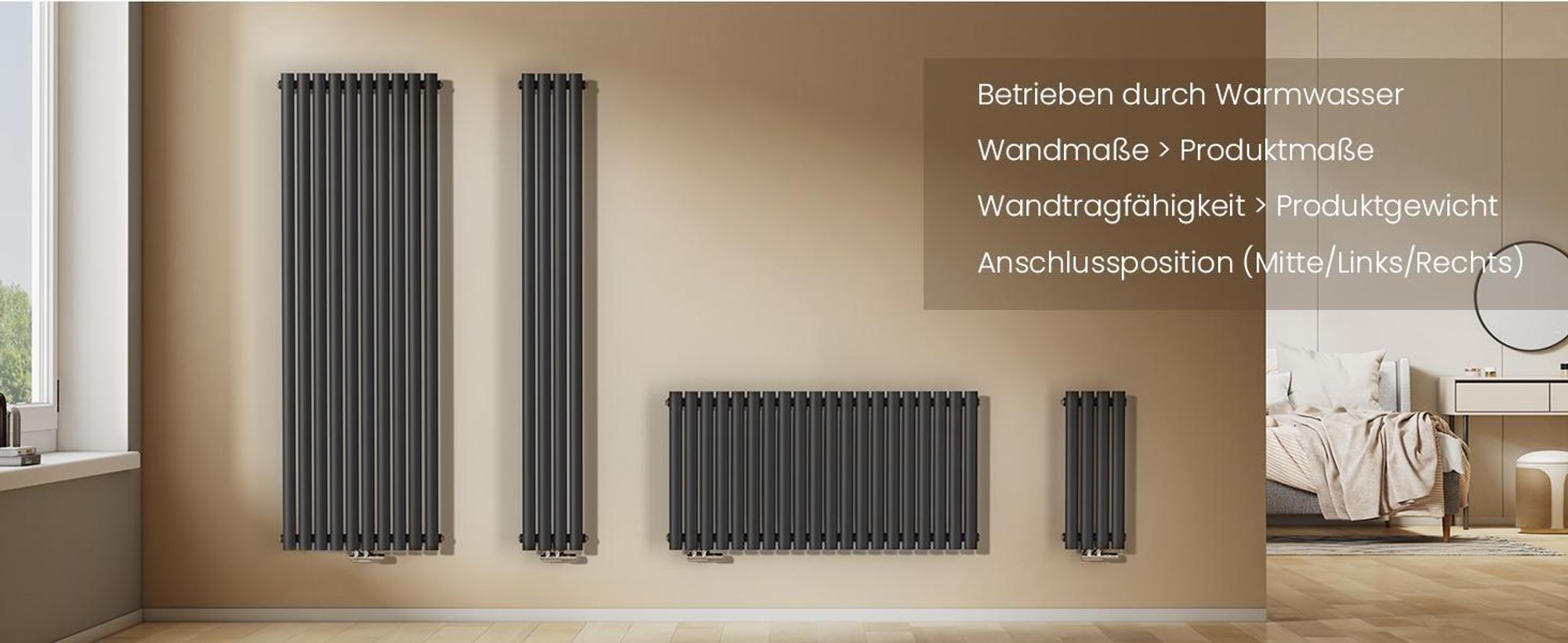 EMKE Design-Röhrenheizkörper für Warmwasserbetrieb Mittelanschluss Vertikal Oval Doppellagig 678 Watt 24 cm x 180 cm Anthrazit ohne Heizstab