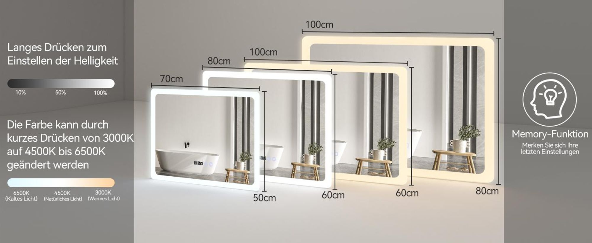 Puluomis Badspiegel mit Beleuchtung beschlagfrei 70x50, mit Uhr und Temperatur Badezimmerspiegel LED 6500k dimmbar spritzwassergeschützt