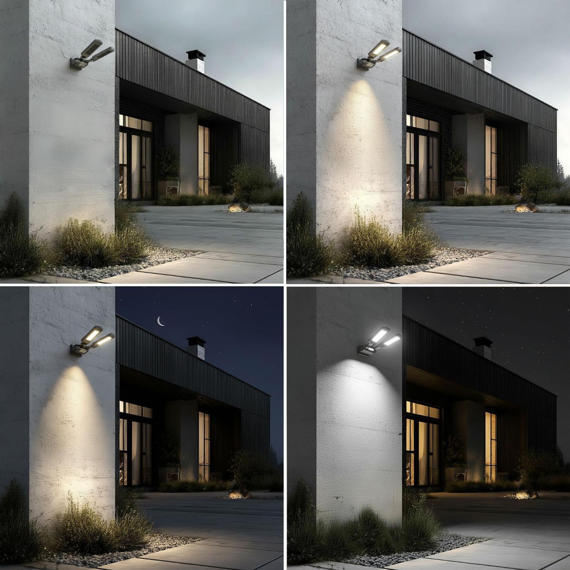 Solar Straßenlampe mit Bewegungs- und Dämmerungssensor IP54 5W 2x 450 Lumen 6500K Zwei Lichtquellen Fernbedienung Solarlampe Außenwandleuchte Außenbeleuchtung 3 Beleuchtungsmodi