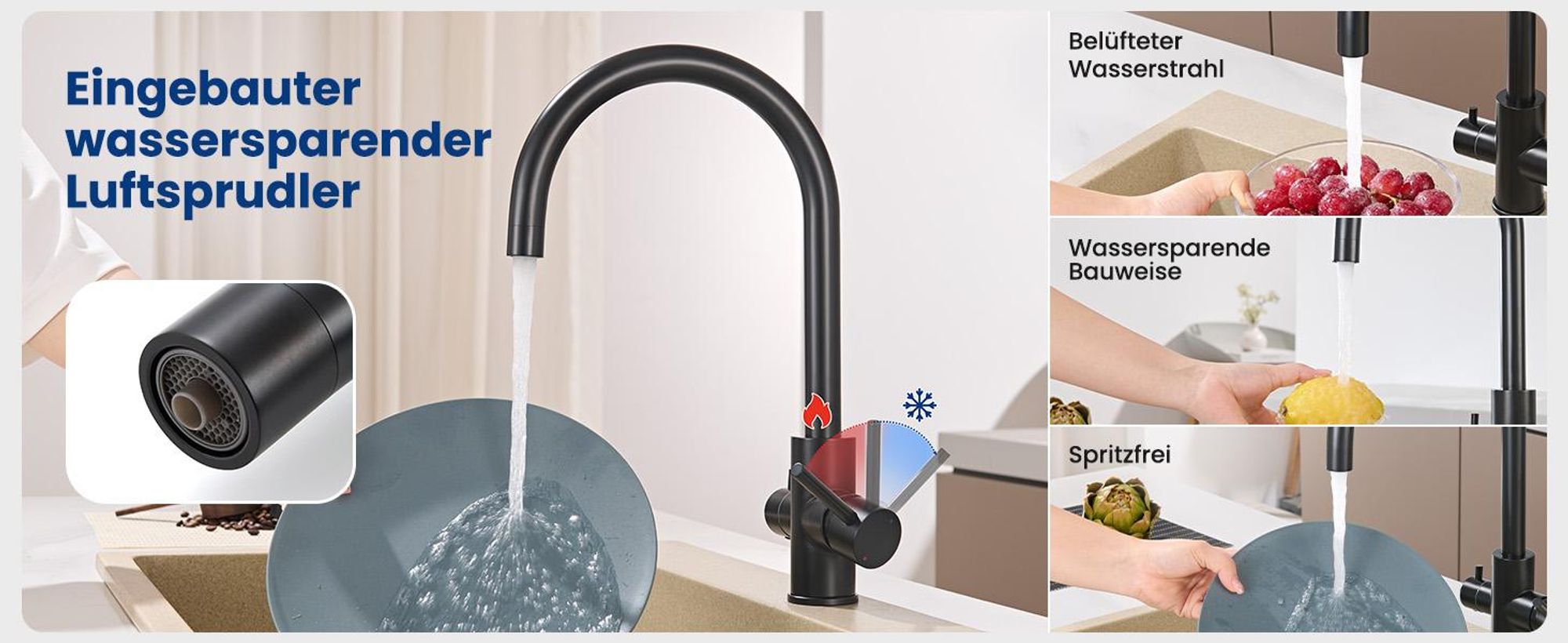 3 in 1 Filterwasserhahn Küche mit Filteranschluss, 360° Drehbar 3 Wege Küchenarmatur Schwarz, Edelstahl Spültischarmatur, Cecipa MAX Trinkwasserhahn