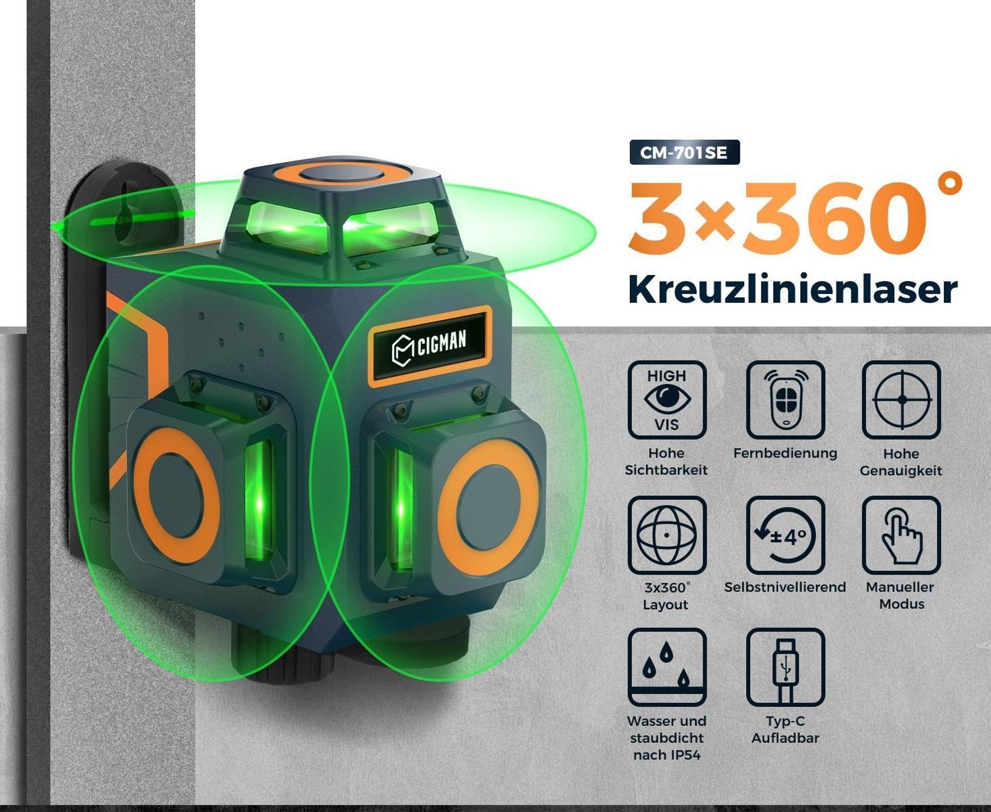 CIGMAN CM-701SE Dispositivo di livellamento laser - 12 linee, 3x360°, laser verde, autolivellante