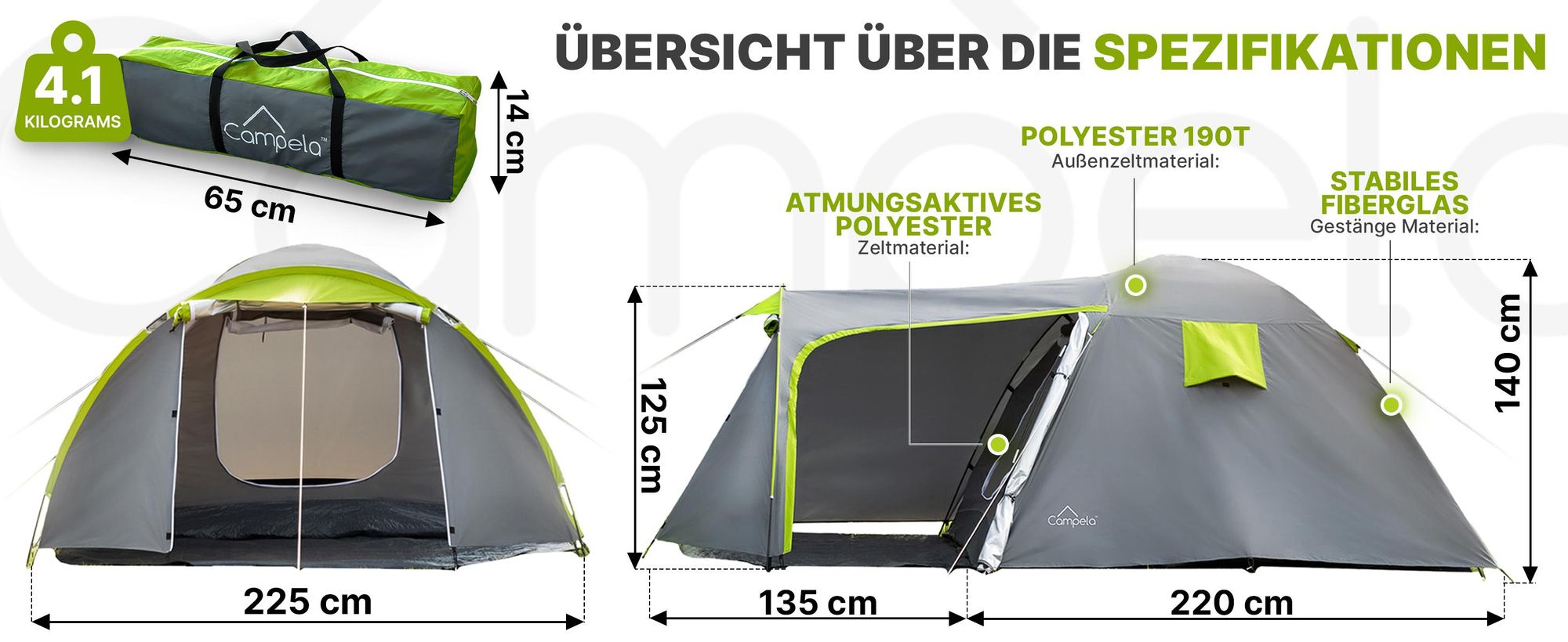 Campela Tropical 4 Familienzelt – 4-Personen-Kuppelzelt mit Vorraum – wasserdicht 3000 mm – leicht & kompakt für Camping