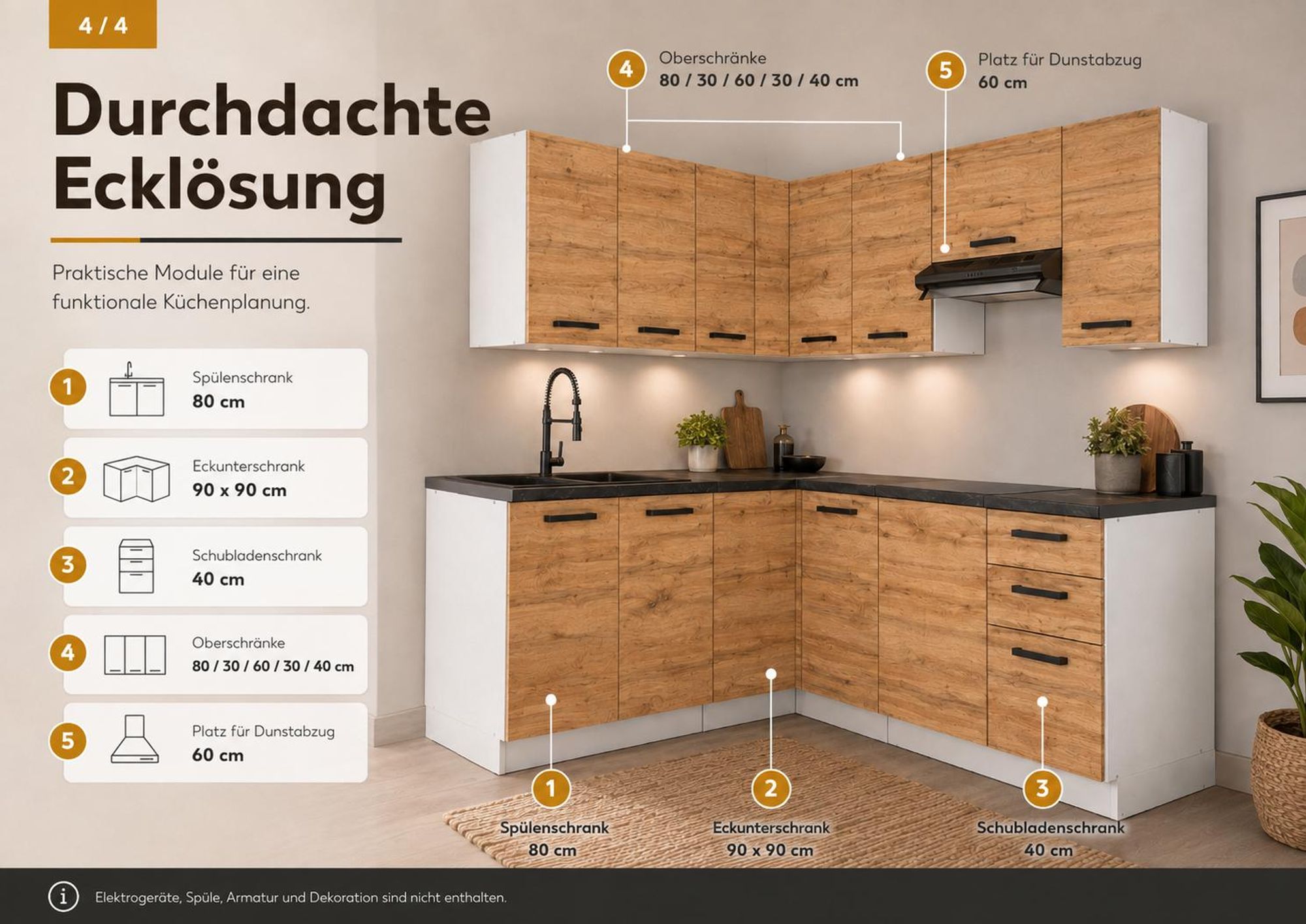Modulare Ecklösung mit Spülenschrank, Eckschrank und 40-cm-Schubladenschrank