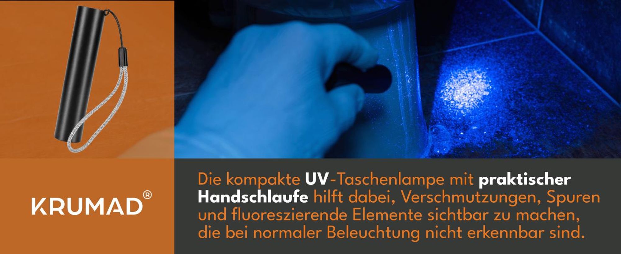 KRUMAD UV Taschenlampe, Schwarzlicht Lampe, Mini UV Lampe, UV LED Stiftlampe, wiederaufladbar, USB, mit Handschlaufe, Schwarz