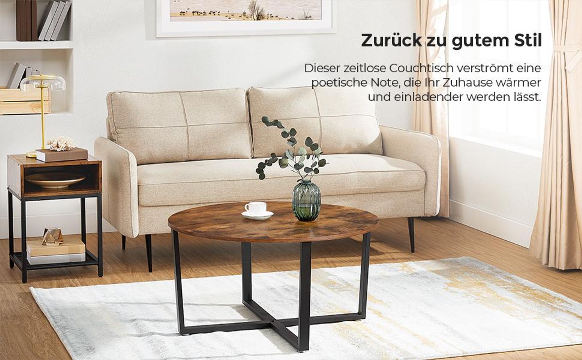 VASAGLE Couchtisch rund mit Eisengestell Ø 88 x 47 cm, Kaffeetisch