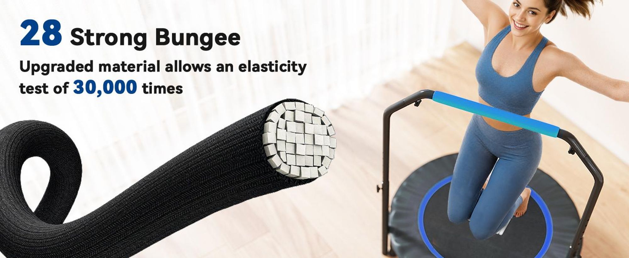 Trampolina fitness HOMCOM 102 cm, składana mini trampolina z uchwytem o czterech regulowanych wysokościach, trampolina fitness dla dorosłych, do 100 kg, czarno-niebieska
