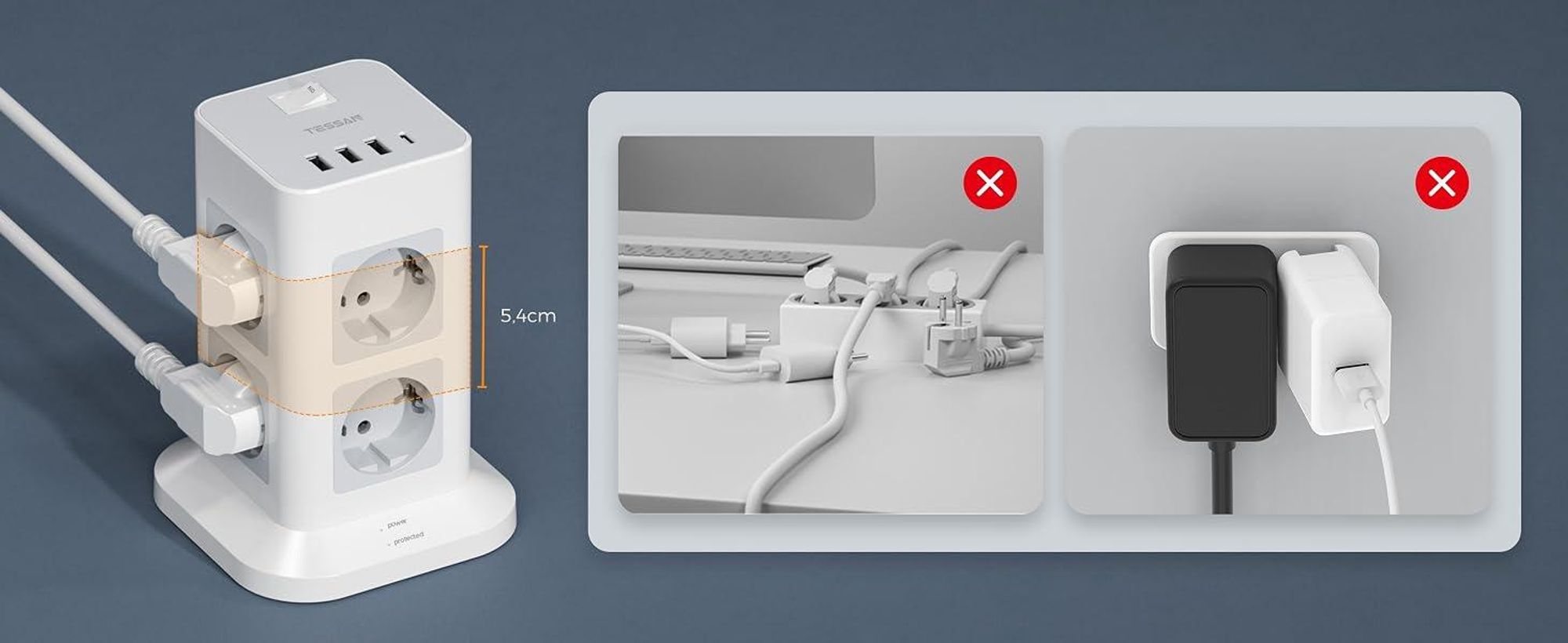 TESSAN 8 Fach Mehrfachsteckdose mit 1 USB C und 3 USB A Verlängerungskabel 2M Überspannungsschutz 3600W