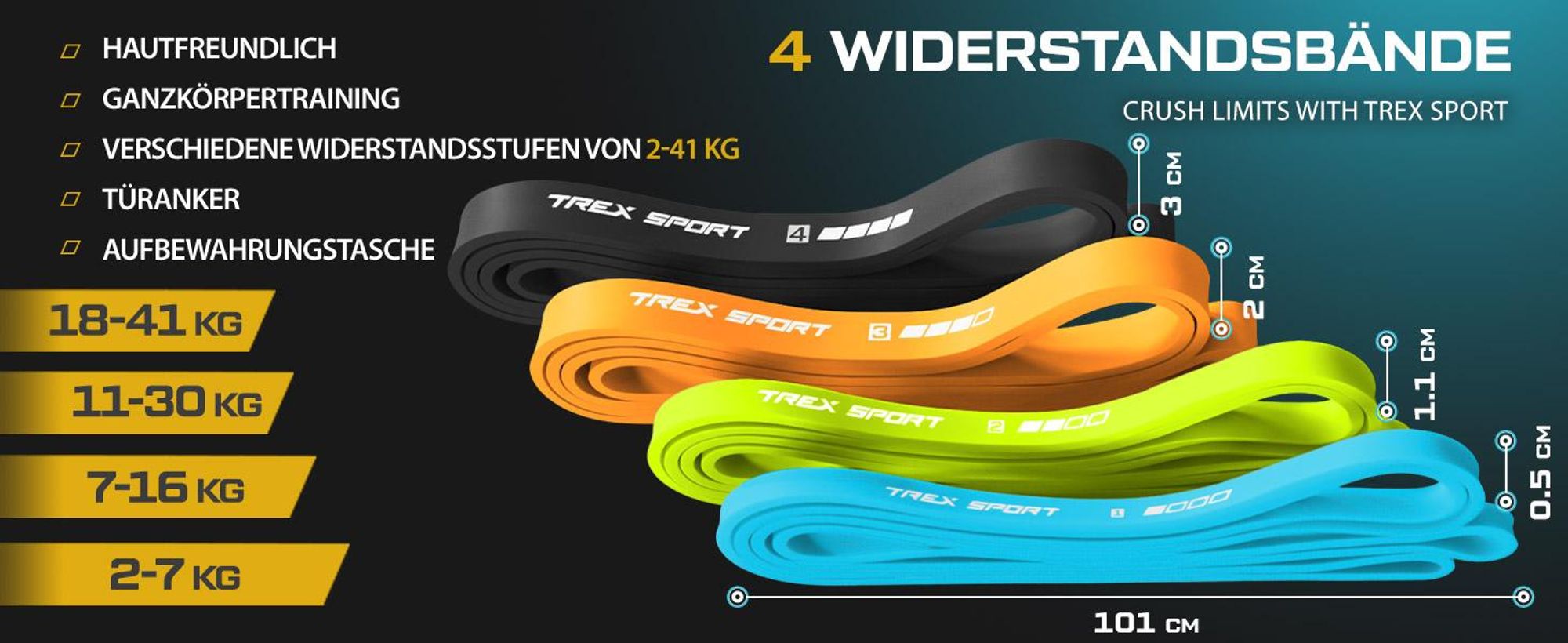 TREX SPORT Gymnastikband 4 Stück Set TX-004PBV Widerstandsband | Klimmzugband, Fitnessband 100% Latex, 2-41 kg, mit Türanker | Resistance Band Neon
