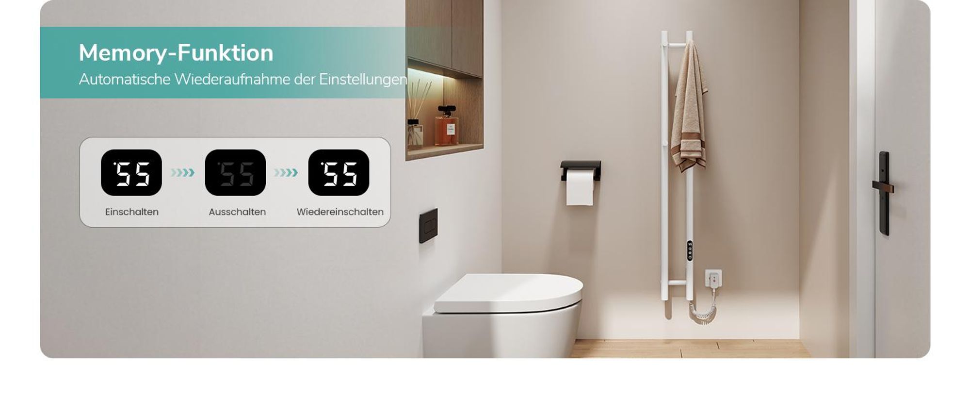 EMKE Elektrischer Handtuchheizkörper WLAN-App Steuerung mit Wochenprogramm LED Touchscreen Kompakt 2-Rohr Handtuchtrockner 120x12,4cm 145W Weiß