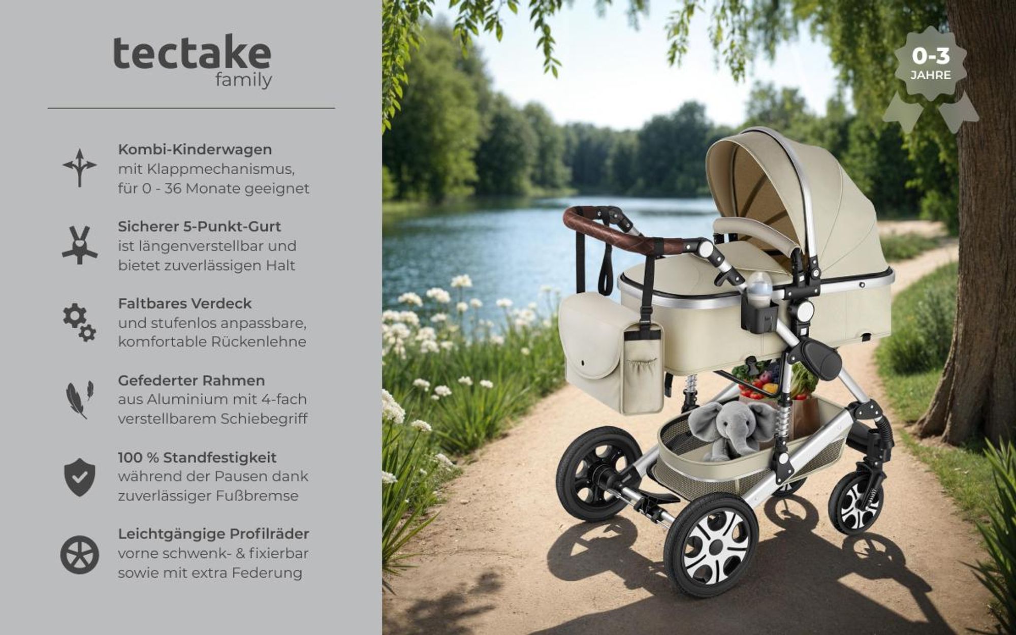 tectake® Kombi-Kinderwagen Mats 2 in 1, klappbar, mit 5-Punkt-Gurt, Bremse, Schutzbügel und Handschlaufe für 0 bis 36 Monate geeignet, Belastbarkeit 15 kg