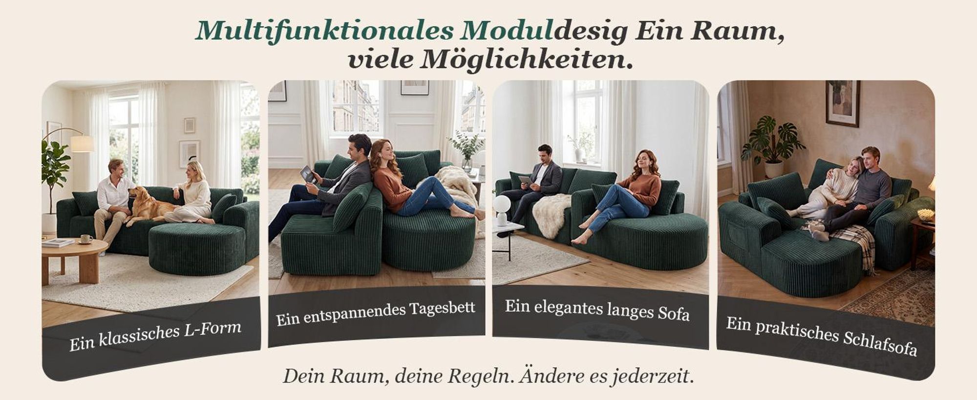 Sofa Ecksofa mit Schlaffunktion, Corduroy Modulares Boneless Couch mit Chaiselongue, L-Form Schlafsofa, Sektionssofas mit Kissen & Seitentaschen 243cm