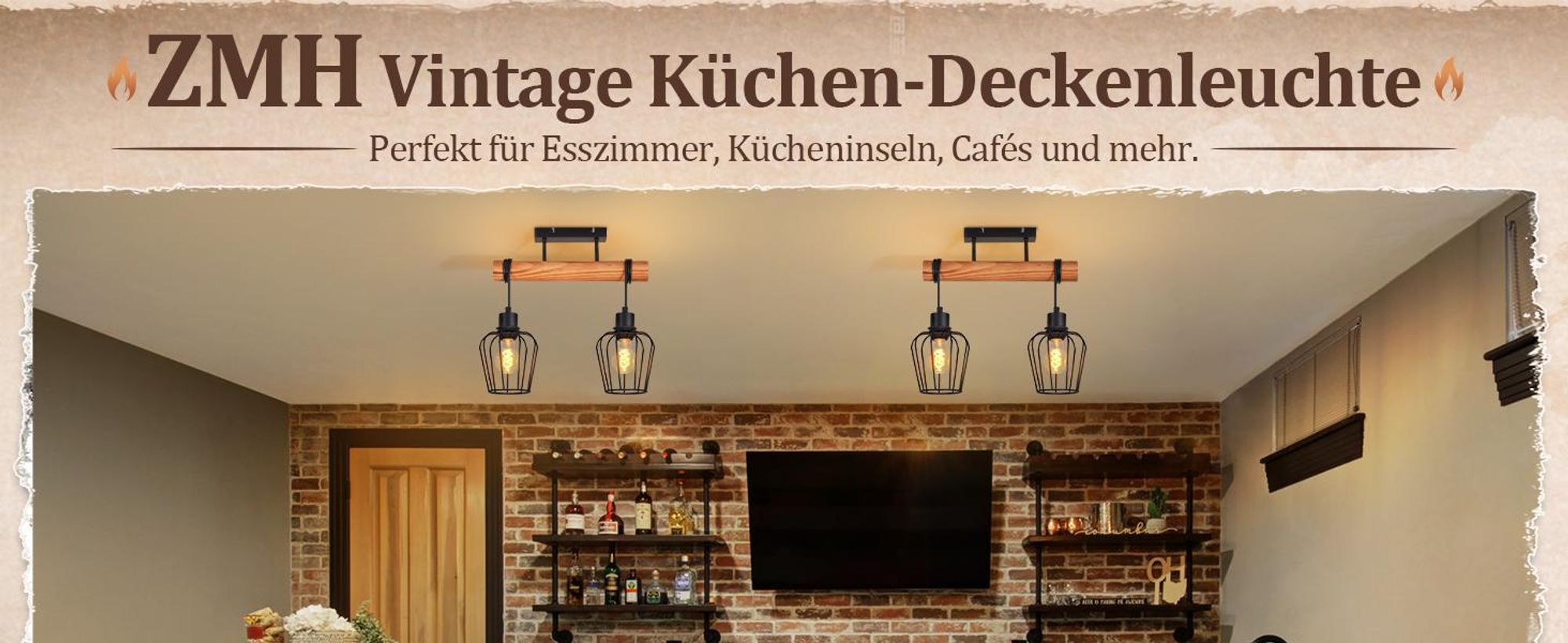 ZMH Deckenleuchte Holz Deckenlampe Flur Schwarz Küchenlampe 2 flammig Metall E27 Fassung für Küche Wohnzimmer Esszimmer Ohne Leuchtmittel