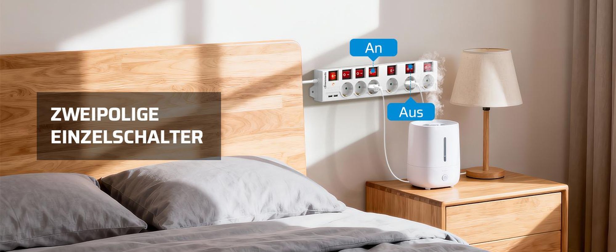 DEWENWILS 6 Fach 2M Mehrfachsteckdose mit 2 USB, 3680W Steckdosenleiste Einzeln Schaltbar
