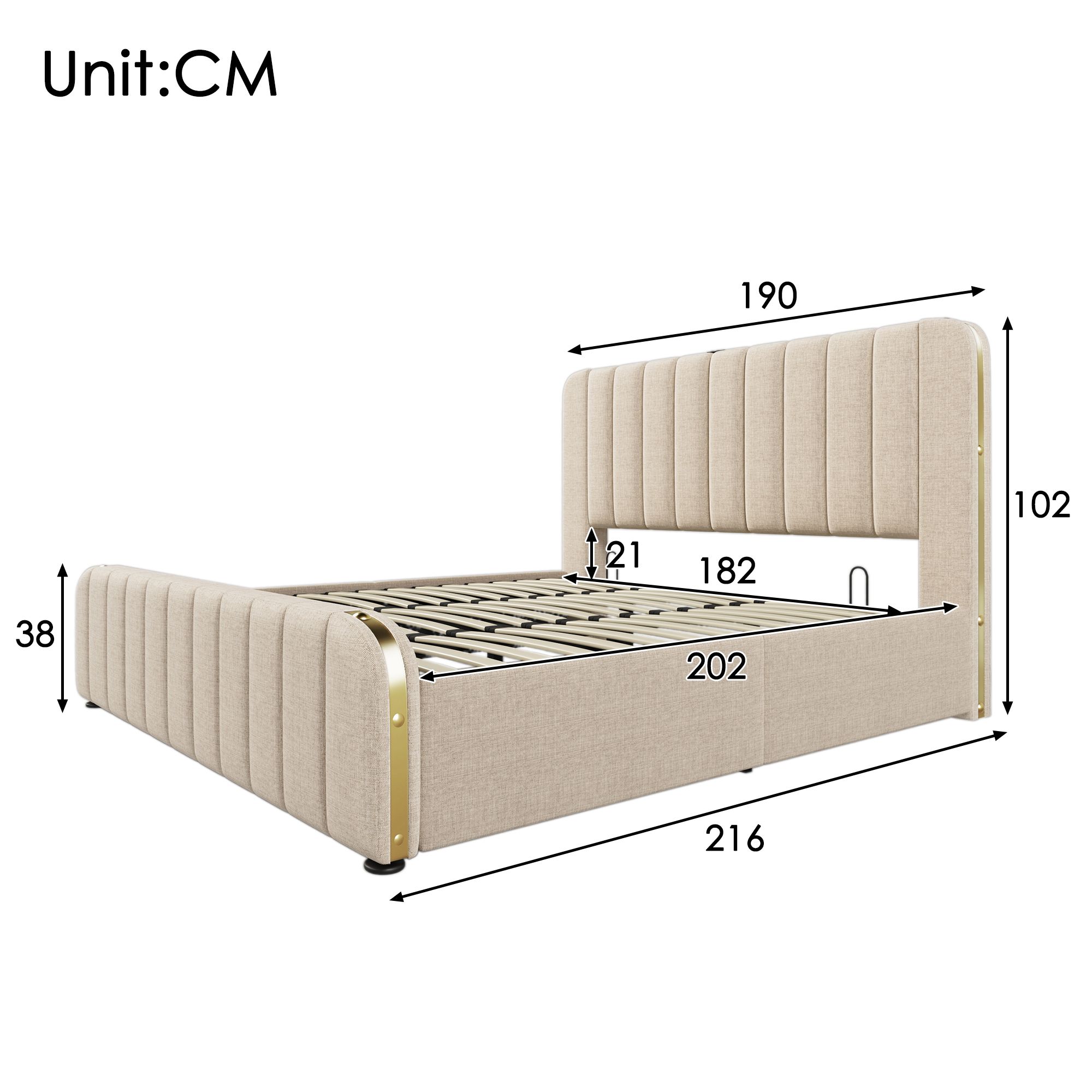 Flieks Polsterbett 180x200cm mit Ladefunktion (USB, Typ-C), Doppelbett Stauraumbett mit Lattenrost, Hydraulisches Jugendbett Boxspringbett, Leinen