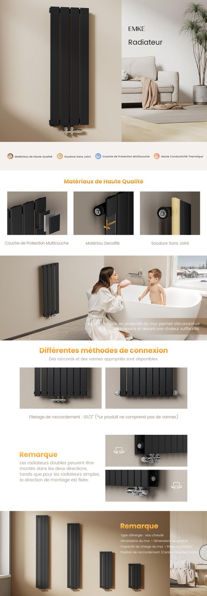 Radiateur EMKE plat et compact, radiateur à panneaux design vertical à une couche, raccord central 60 x 30 cm, 210 W, noir, peu encombrant, sans barre chauffante