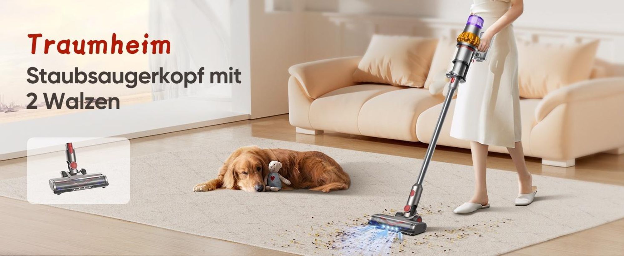 Bürste kompatibel für Dyson V7 V8 V10 V11 V15 Staubsauger, Bürste mit 4-LED Scheinwerfern, Flexibler Rotation und 2 Ersatzrollen, Bodenbürste Zubehör