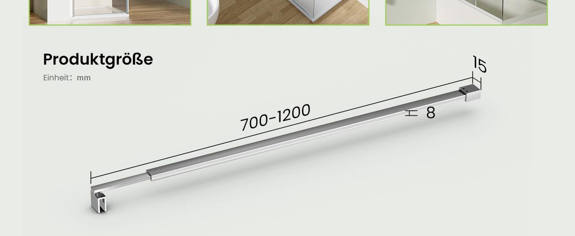 S'AFIELINA Haltestange für Duschwand 700–1200 mm, Edelstahl, Wand-zu-Glas Stabilisator für 8/10 mm Glas, Duschtür oder feste Seitenwand, 1 Stück