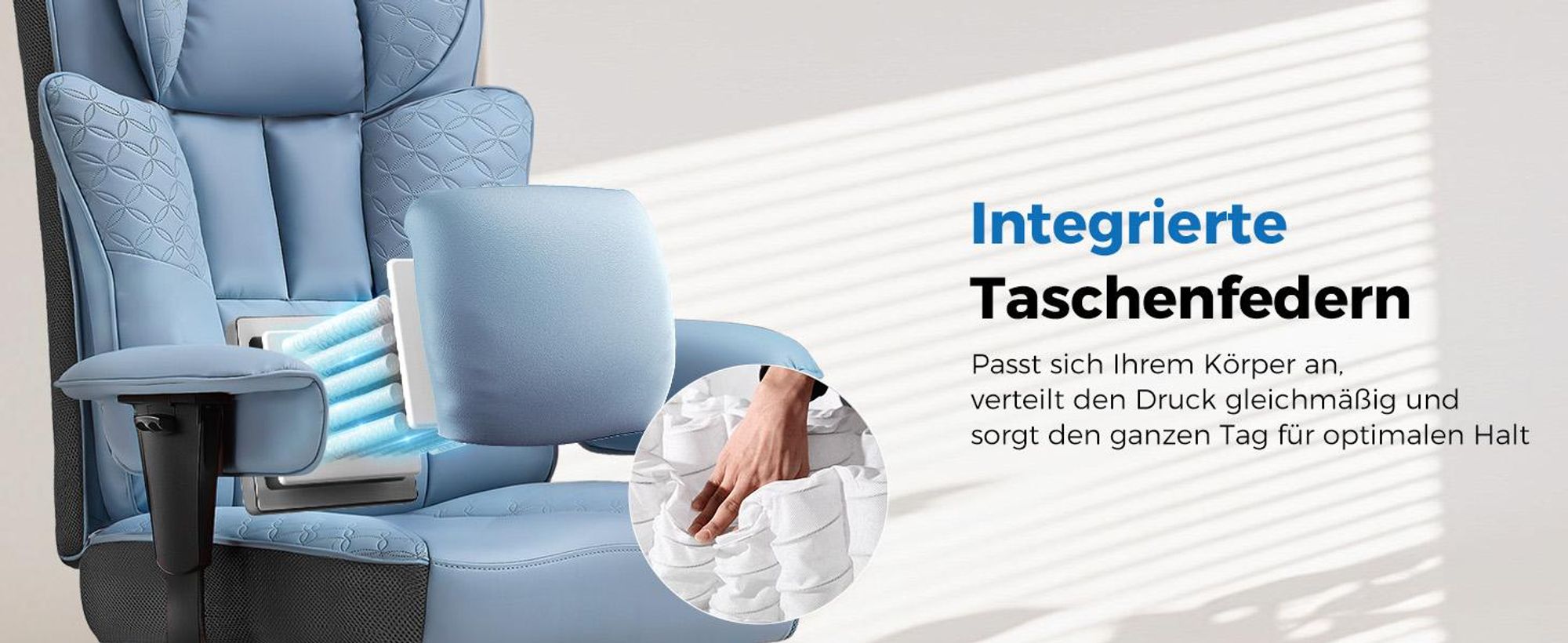 GTPLAYER Gaming Stuhl, Ergonomischer Bürostuhl mit Fußstütze, 150° Verstellbare Rückenlehne & Armlehnen, Computerstuhl Chefsessel, 180KG, BLAU