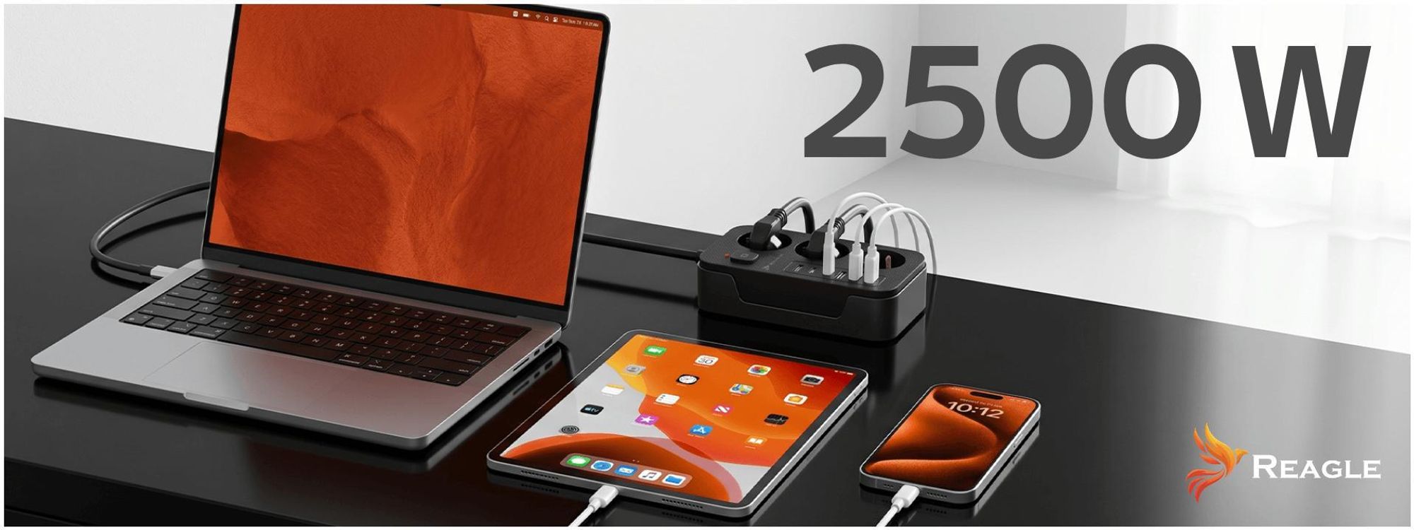 Reagle 3m Steckdosenleiste 3-fach mit 6x USB (3x USB-A, 3x USB-C), Mehrfachsteckdose schwarz, Verlängerungskabel Überspannungsschutz 2500W, Schalter