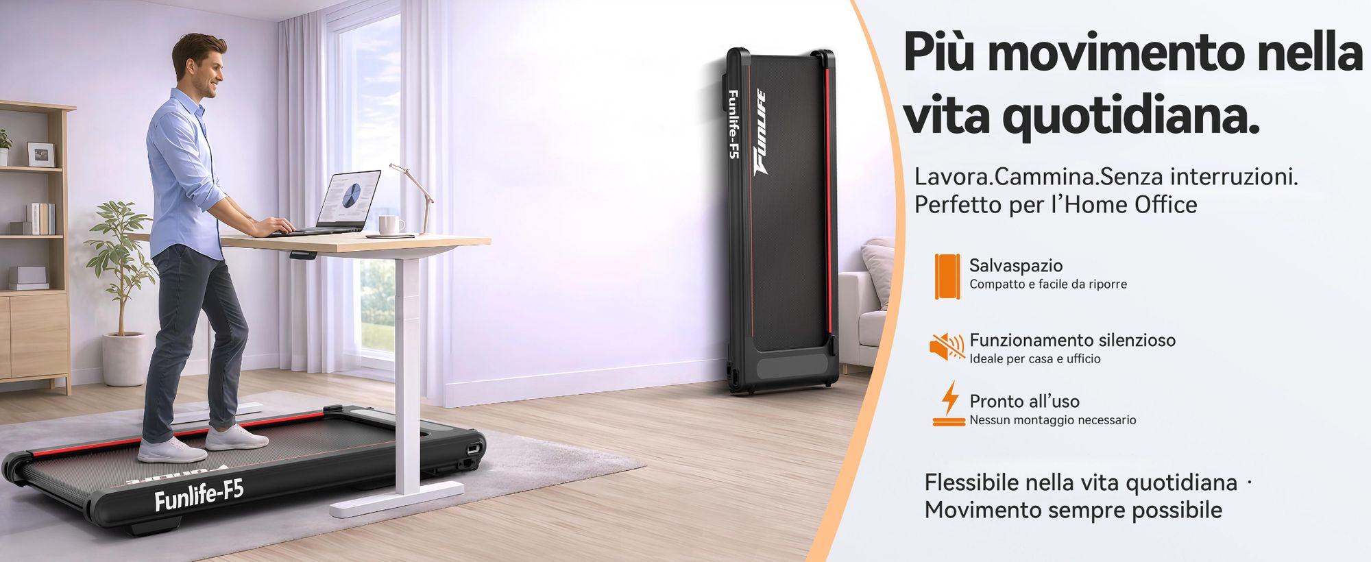 FunLife F5, tapis roulant multifunzione 2-in-1 con allenamento a vibrazione – motore brushless, tapis roulant silenzioso per la casa e l'ufficio, velocità da 1 a 6 km/h, design compatto